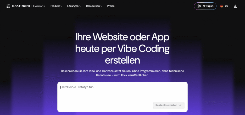 Hostinger Horizons-Panel zum Einfügen einer Aufforderung zur Website-Erstellung