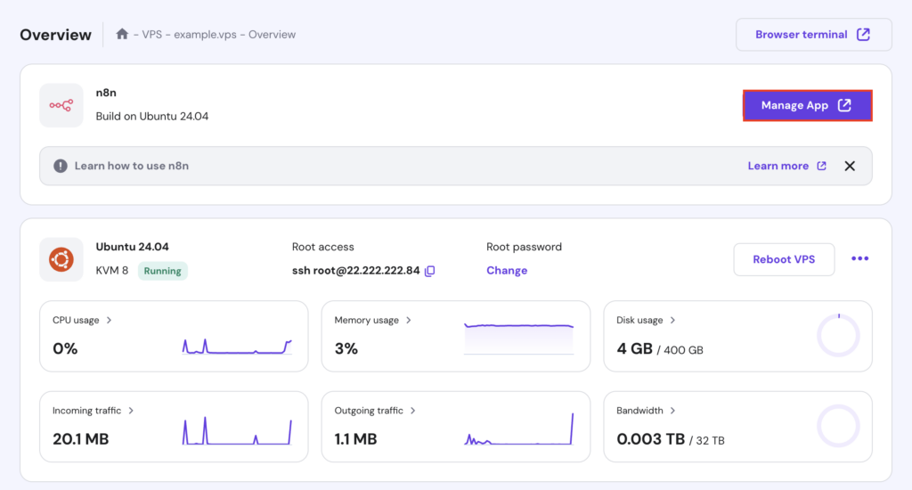 Die Schaltfl&auml;che **Manage App** auf der &Uuml;bersichtsseite des VPS in hPanel
