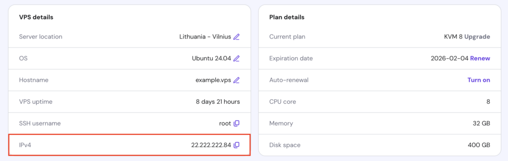 Hostinger hPanel VPS Übersichtsseite mit hervorgehobener IPv4 Adresse