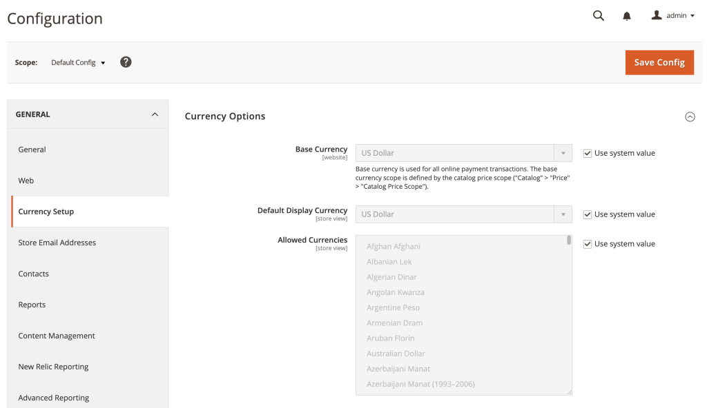 Währungsoptionen in Magento 2 einrichten