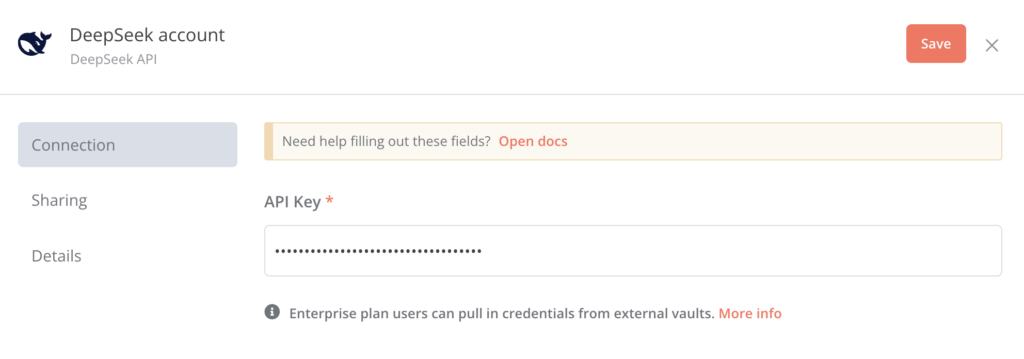 Das Feld &bdquo;API Key&ldquo; im DeepSeek-API-Dialog von n8n

