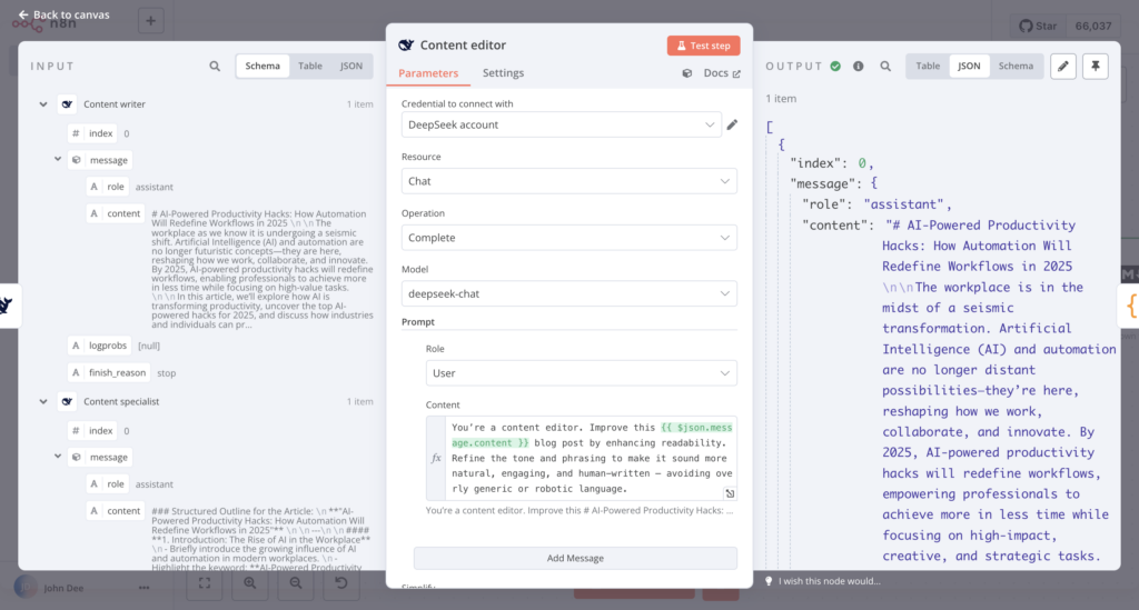 Die Eingabe, der Konfigurationsdialog und der Ausgabebereich des DeepSeek-Content-Editor-Knotens in n8n