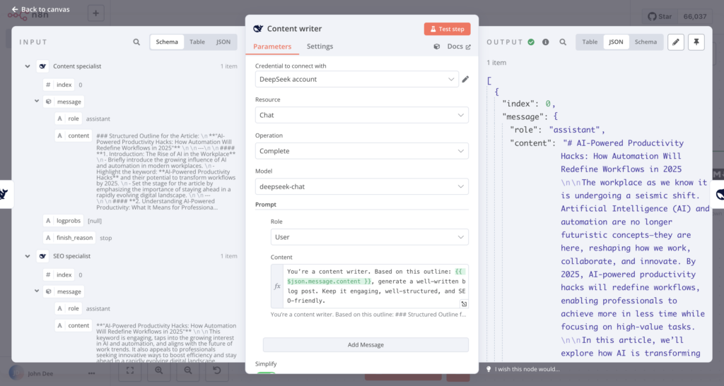 Die Eingabe, der Konfigurationsdialog und der Ausgabebereich des DeepSeek-Content-Writer-Knotens in n8n