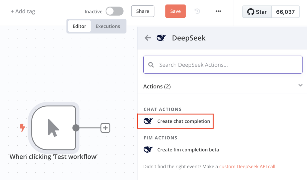 Die Aktion **Create chat completion** unter dem **DeepSeek**-Knoten auf der Workflow-Editor-Leinwand von n8n
