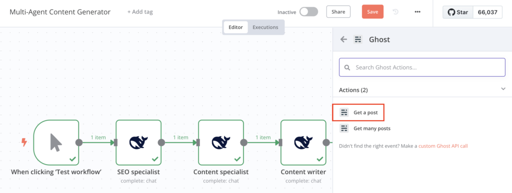 Die Aktion **Get a post** unter dem **Ghost**-Knoten auf der Arbeitsfl&auml;che des Workflow-Editors von n8n
