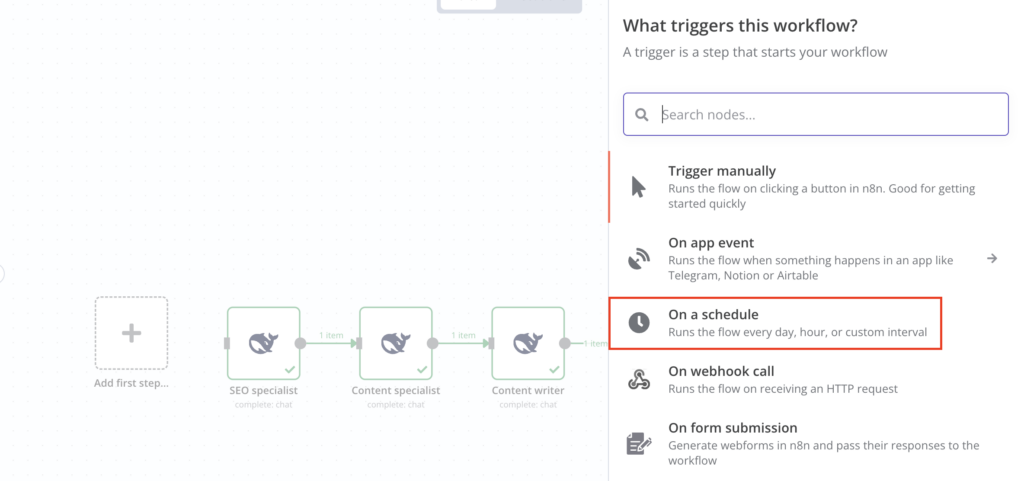 Der **On a Schedule**-Trigger auf der Arbeitsfl&auml;che des n8n-Workflow-Editors