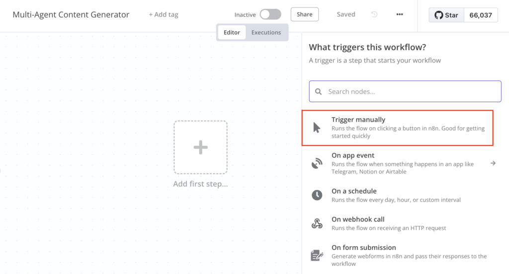 Die Option **Trigger manually** auf der Arbeitsfl&auml;che des n8n-Workflow-Editors
