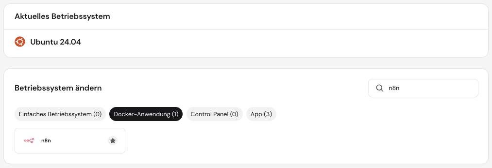 Die n8n-Vorlage im Abschnitt Betriebssystem &auml;ndern des VPS in hPanel
