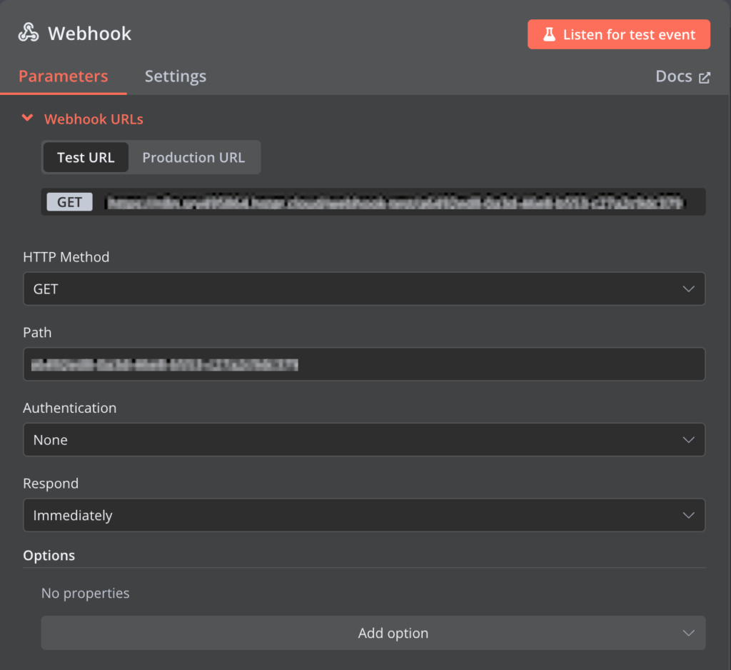 n8n-Men&uuml; zur Konfiguration von Webhooks