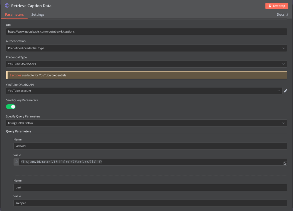 Konfiguration des **HTTP Request**-Knotens f&uuml;r YouTube in n8n
