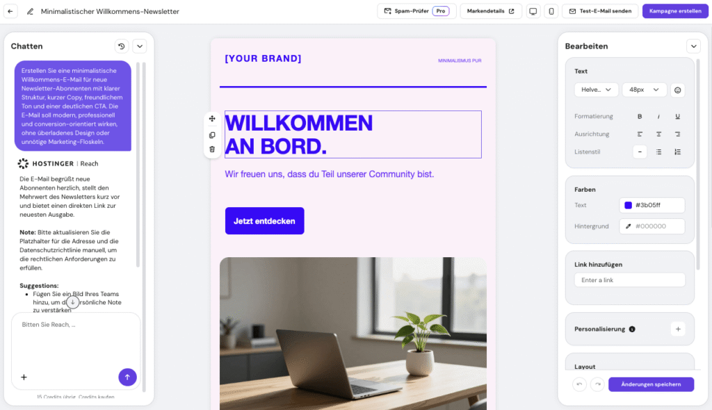 Vorlageneditor von Hostinger Reach