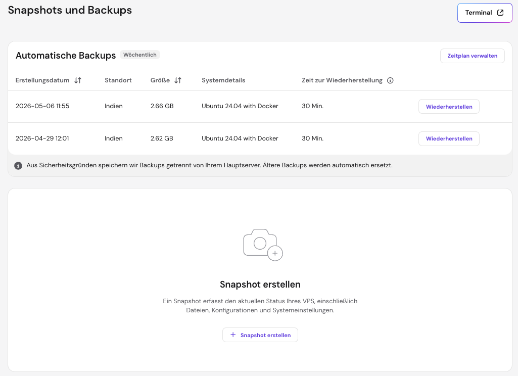 Das Men&uuml; &bdquo;Snapshots & Backups&ldquo; im hPanel von Hostinger