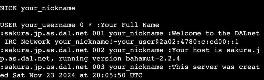 Die Ausgabe des Befehls USER your_username 0 * :Your Full Name in der Telnet-Sitzung des Terminals