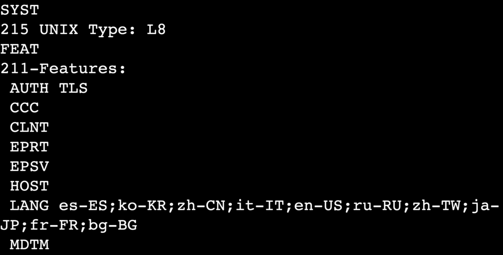 Die Ausgabe des FEAT-Befehls in der Telnet-Sitzung des Terminals