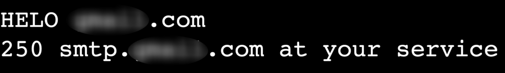 Die Ausgabe des Befehls HELO domain.tld in der Telnet-Sitzung des Terminals