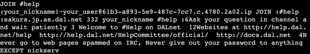 Die Ausgabe des Befehls JOIN #channel_name in der Telnet-Sitzung des Terminals