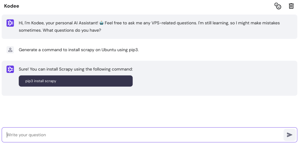 Von Kodee AI Assistant generierter Installationsbefehl f&uuml;r Scrapy