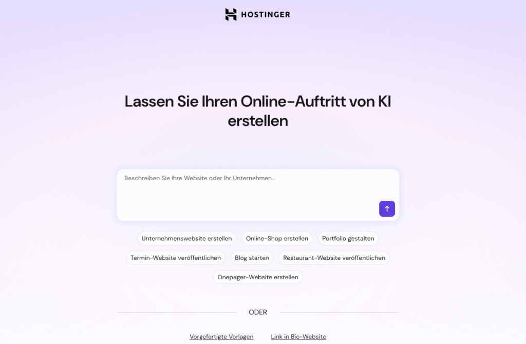 Panel des Hostinger-Website-Baukastens zum Einfügen einer Aufforderung zur Website-Erstellung