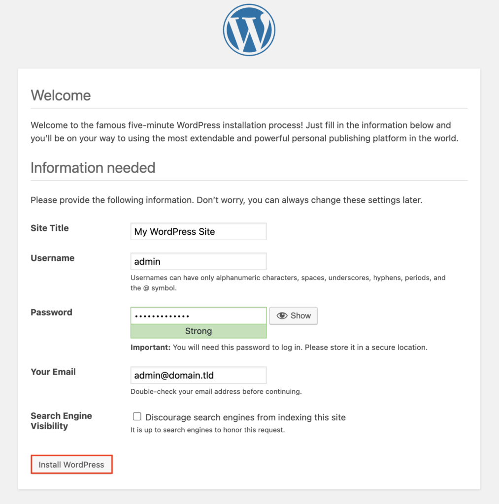 Die Schaltfl&auml;che &bdquo;WordPress installieren&ldquo; auf der WordPress-Willkommensseite