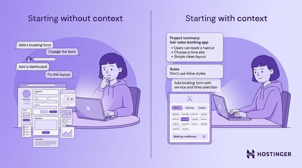 Best Practices f&uuml;r Vibe Coding: Kontext &uuml;ber mehrere Prompts hinweg konsistent halten &ndash; Vergleichsgrafik zu Start-Prompts mit und ohne Kontext