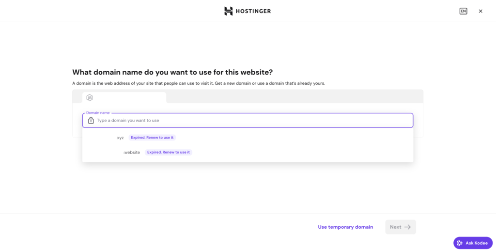 Auswahl der Domainnamen-Seite beim Bereitstellen einer Node.js-App auf Hostinger