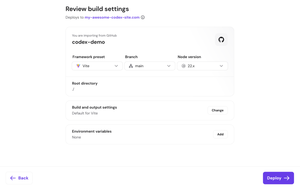 Seite zur Überprüfung der Build-Einstellungen einer Codex-App im Node.js-Hosting-Flow von Hostinger