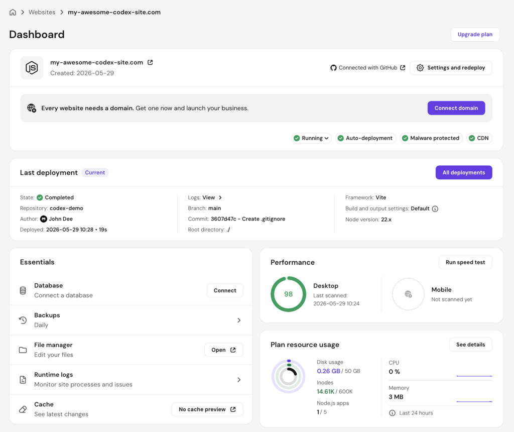 Node.js-Hosting-Dashboard im hPanel