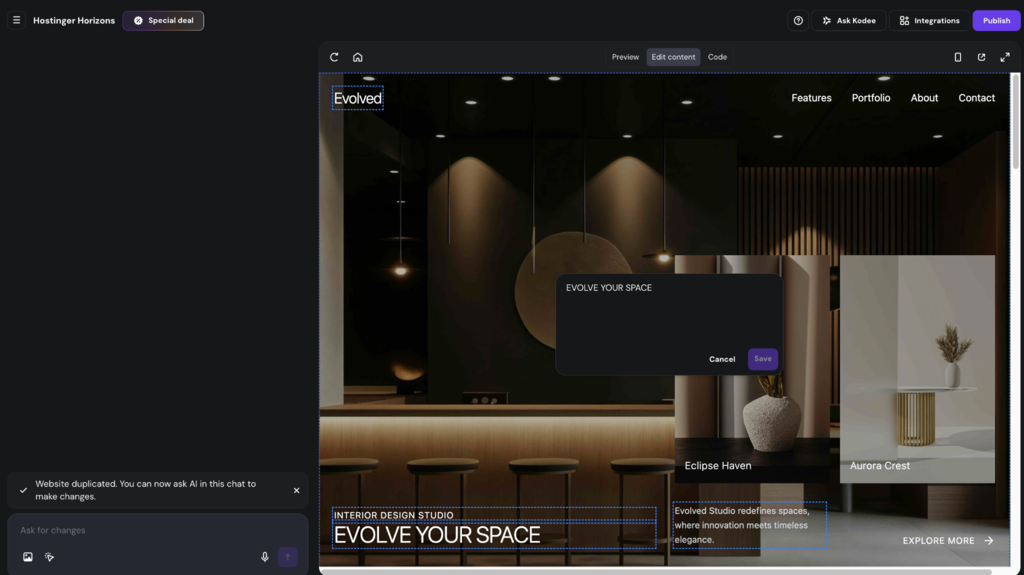 Hostinger Horizons visuelle Bearbeitungsoberfläche