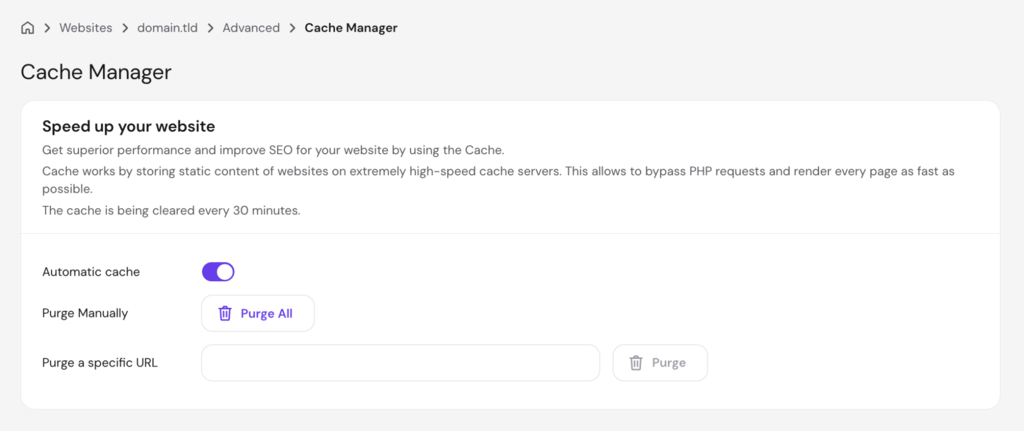 hPanel-Bildschirm des Cache Managers mit aktiviertem Schalter Automatischer Cache sowie Optionen zum Leeren aller zwischengespeicherten Seiten oder des Cache für eine bestimmte URL