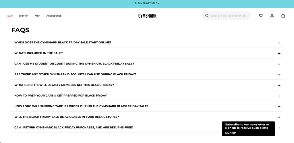 FAQ auf der Black Friday Landingpage von Gymshark