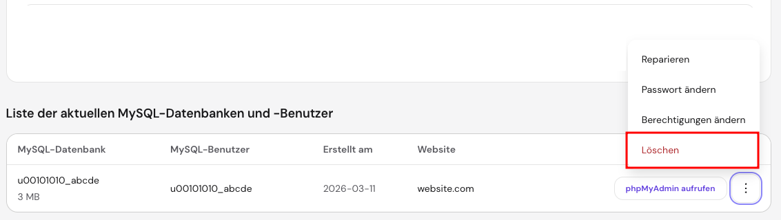 hPanel-Bereich für Datenbanken mit hervorgehobener Option zum Löschen der Datenbank