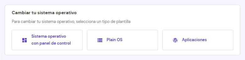 Las opciones disponibles para cambiar el sistema operativo del VPS