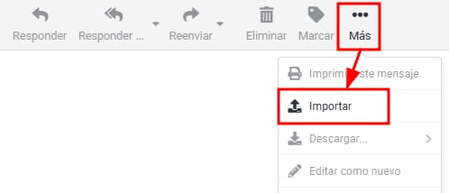 La opción Más en Webmail mostrando cómo seleccionar Importar