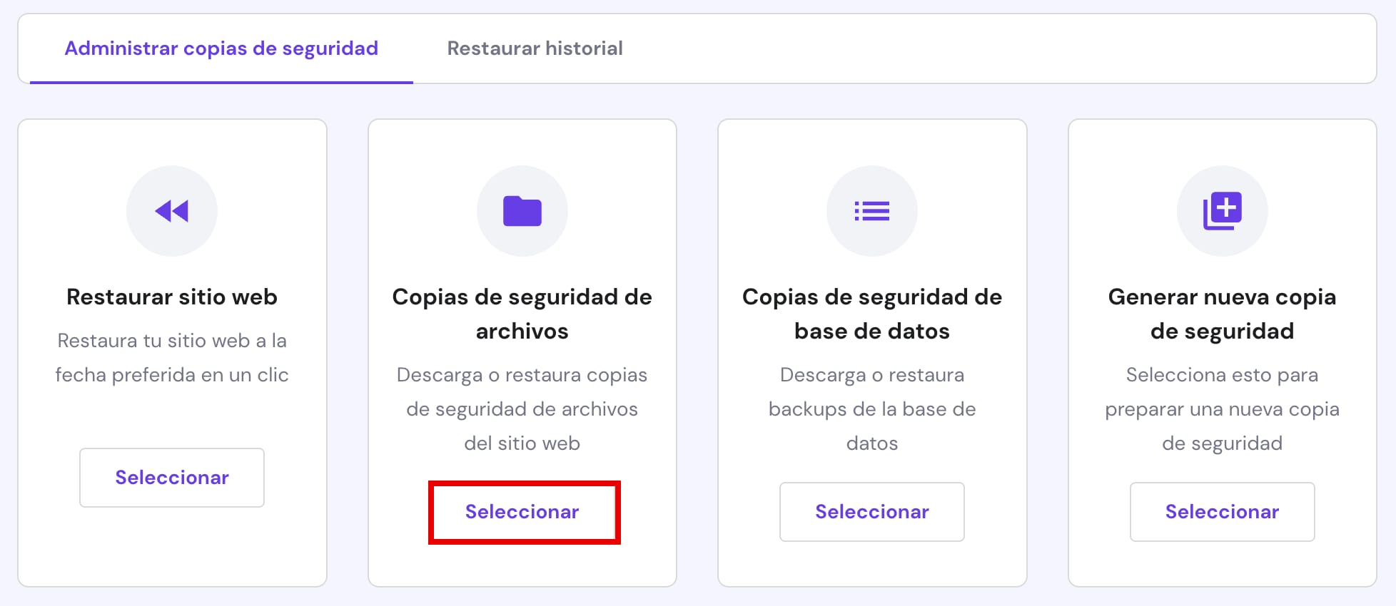 Las opciones de copias de seguridad en el área de gestión del sitio web