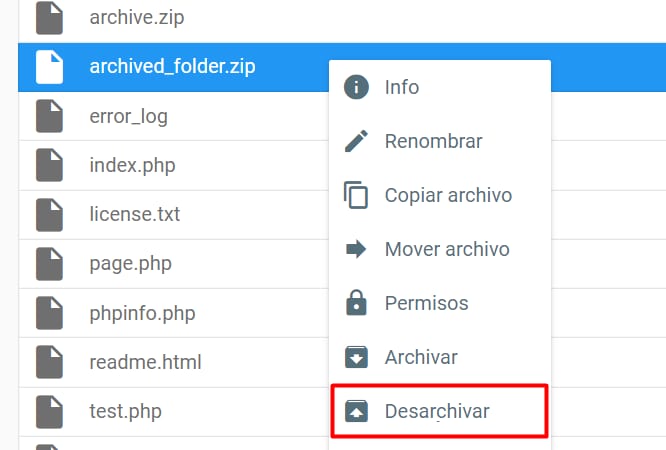 El menú contextual mostrando la opción Desarchivar