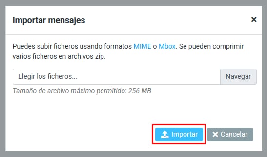 La ventana Importar mensajes mostrando la opción para seleccionar el archivo y dar click en el botón Importar