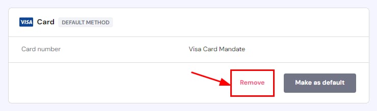 Las opciones de método de pago que muestran cómo eliminar el método de pago de una cuenta de Hostinger