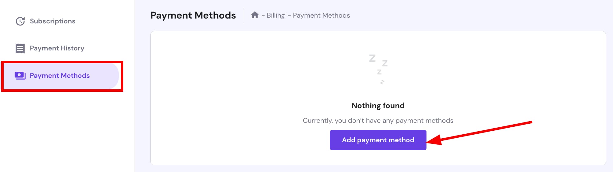 Agregar un método de pago adicional en hPanel → Facturación → Métodos de pago