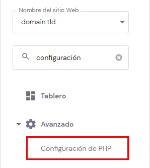La opción Configuración de PHP en la barra lateral