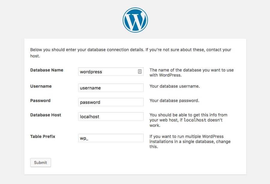 La sección para ingresar los detalles de conexión de la base de datos para una nueva instalación de WordPress
