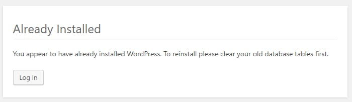 El mensaje Ya Instalado de WordPress