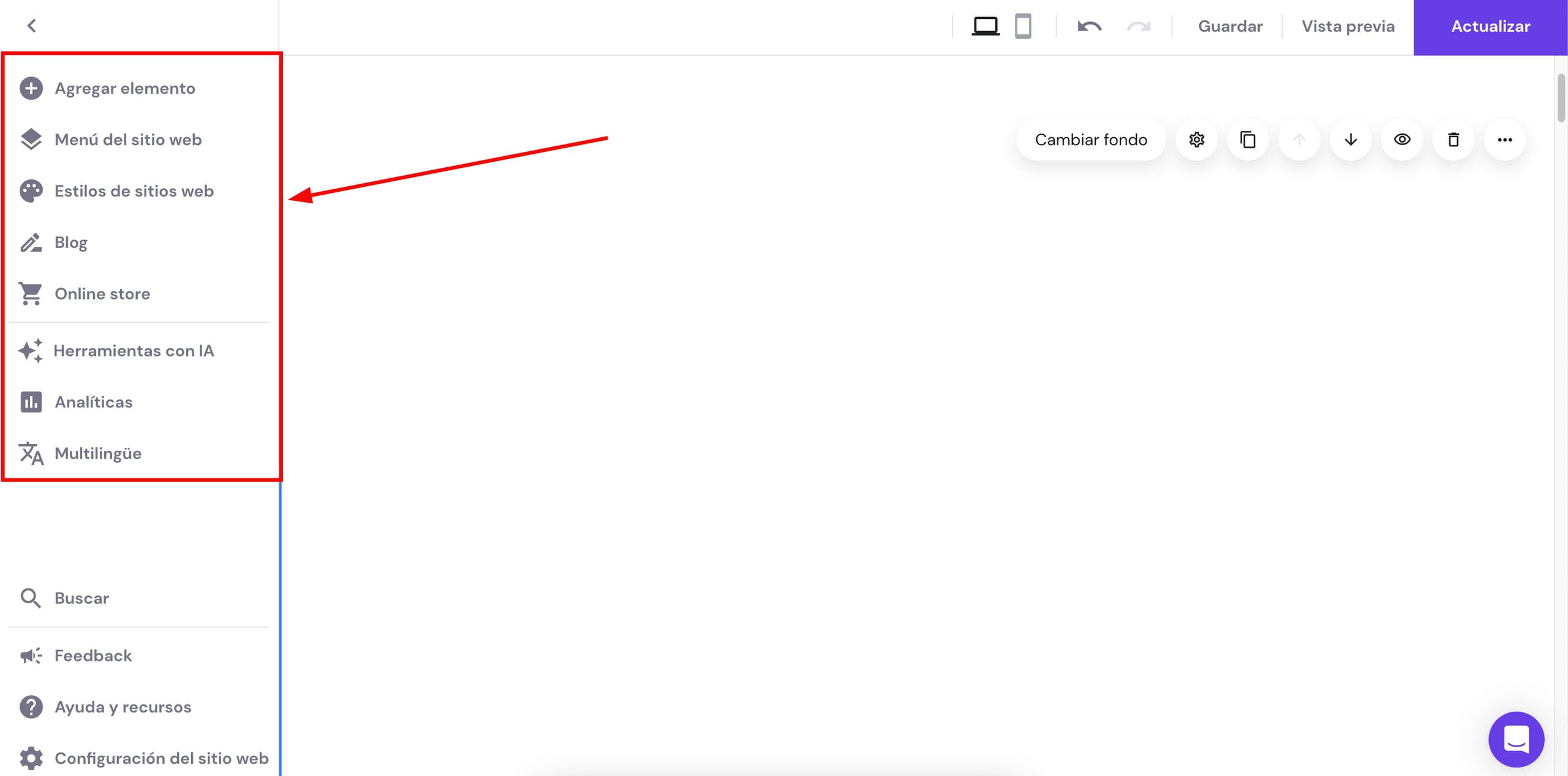 La barra de herramientas de la izquierda en Hostinger Website Builder