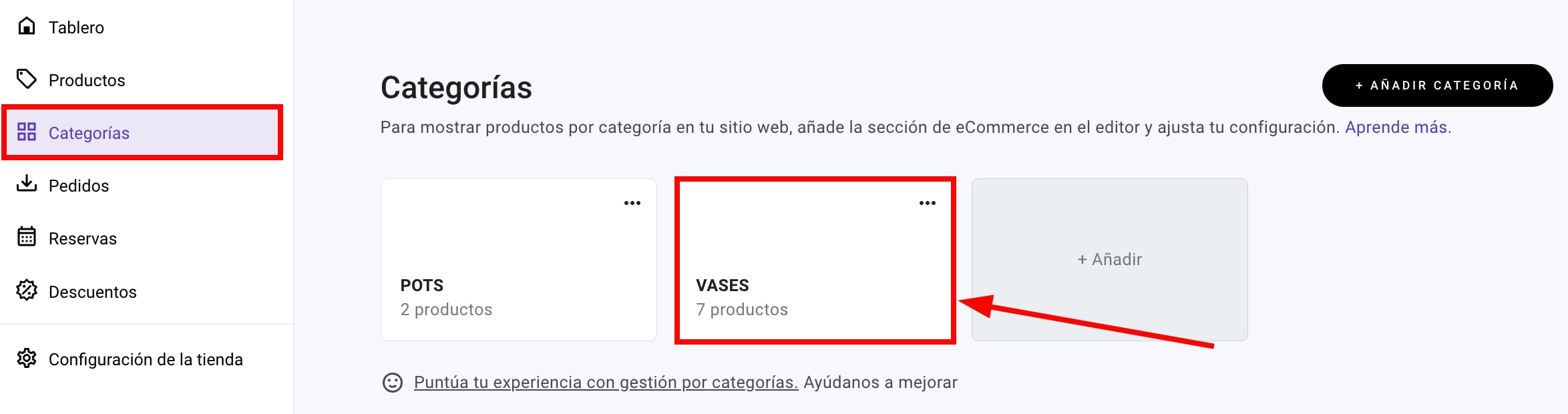 Abrir una categoría de productos preferida en el área de gestión de la tienda