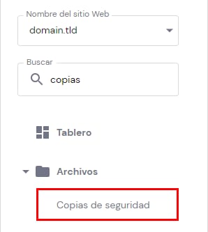 La opción copias de seguridad en el menú lateral