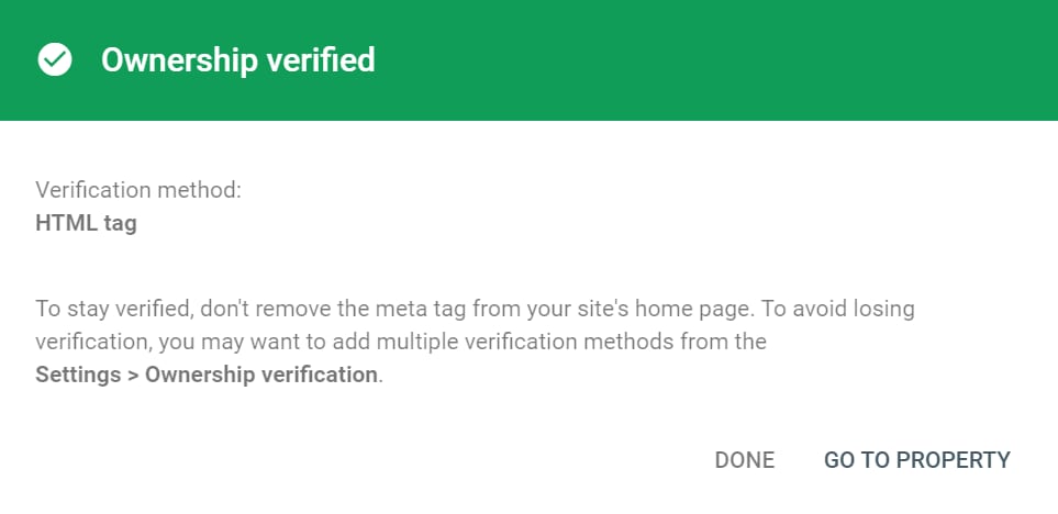 Una notificación de una verificación de URL exitosa en Google Search Console