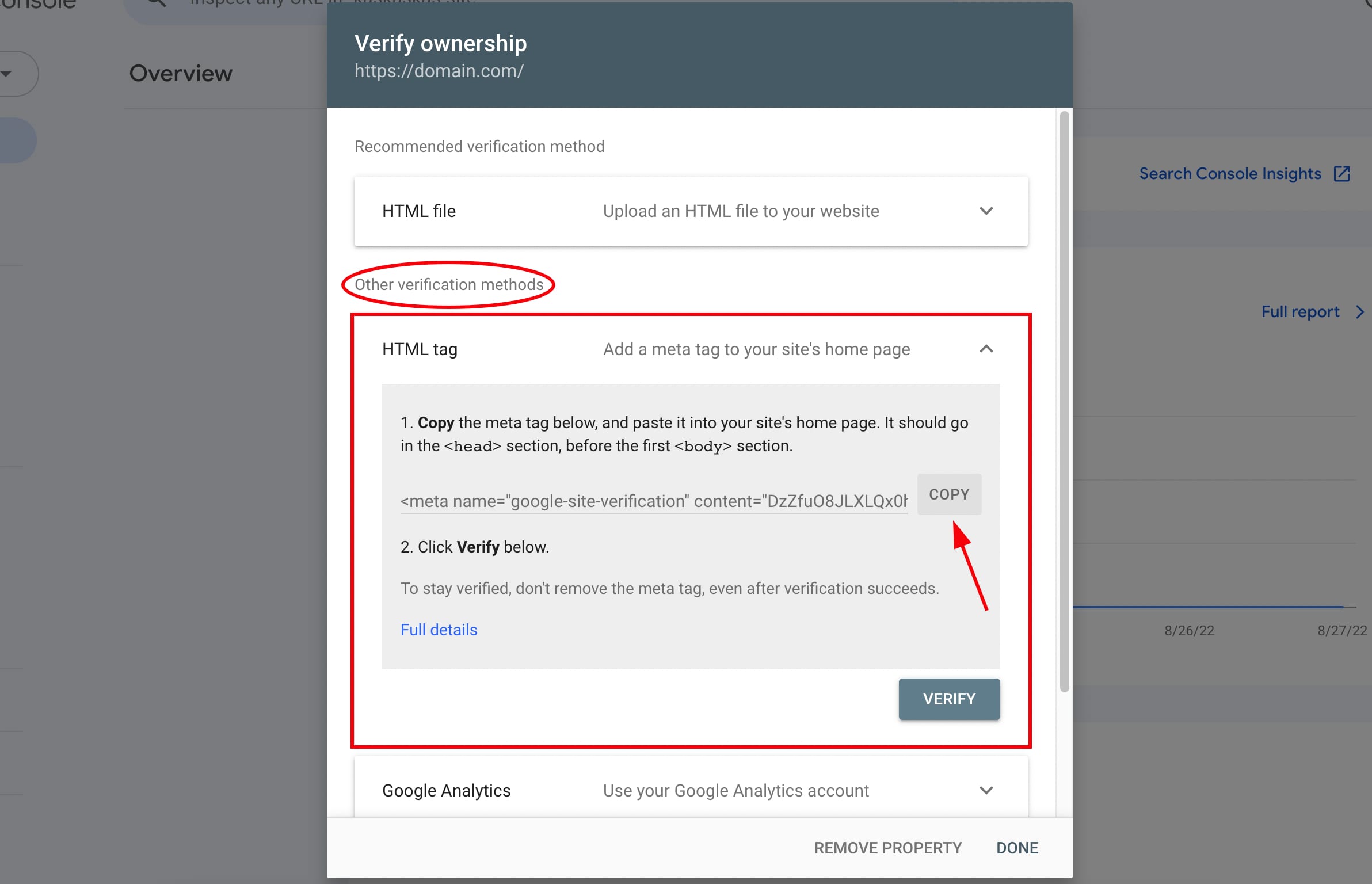 Verificar la propiedad de la URL en Google Search Console