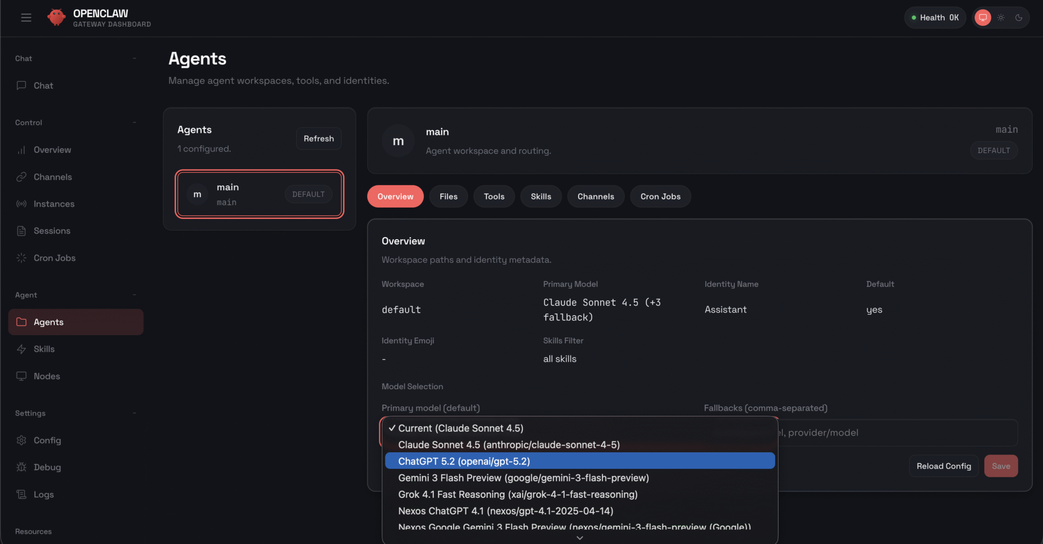 Captura de pantalla de los Agentes de OpenClaw