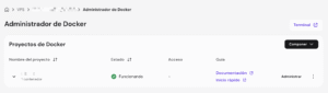Administrador de Docker en VPS con proyecto en funcionamiento y botones Componer y Administrar