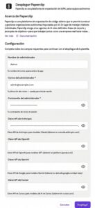 Formulario de despliegue de Paperclip con campos de administrador y claves API; botón Desplegar al final