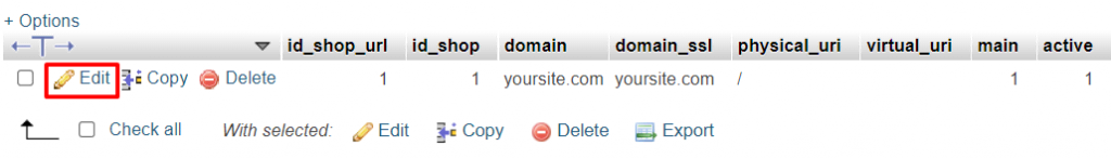 Opción Editar de phpMyAdmin